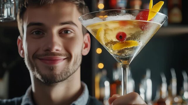 A young man holding a cocktail and smiling at the camera.