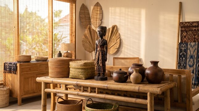 An Ambalabu doll displayed among rattan furniture, woven baskets, ceramic pottery, and handcrafted home accessories in a warm natural interior setting.