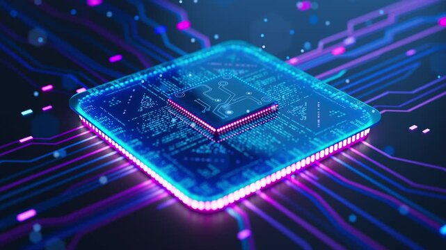 Close-up seamless 3D animation of an illuminated semiconductor chip, glowing circuit traces and sci-fi technology interface background.