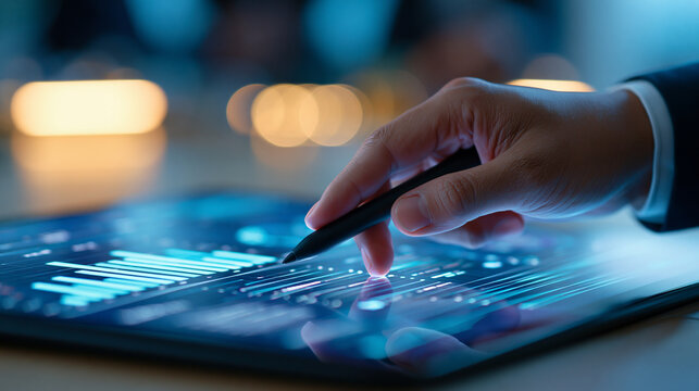 Low code no code development platform concept, close-up of hand using stylus on digital interface for application builder and cloud automation, defocused background, with copy
