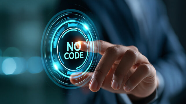 Close-up of hand using virtual touch screen pressing no code inscription, low coding developing application concept, defocused background, with copy space