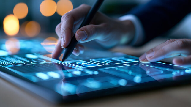 Low code no code development platform concept, close-up of hand using stylus on digital interface for application builder and cloud automation, defocused background, with copy