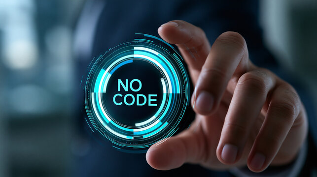 Close-up of hand using virtual touch screen pressing no code inscription, low coding developing application concept, defocused background, with copy space