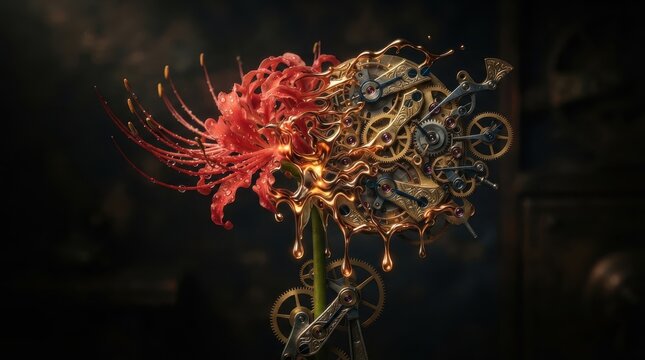 Red spider lily flower merging with brass clockwork gears