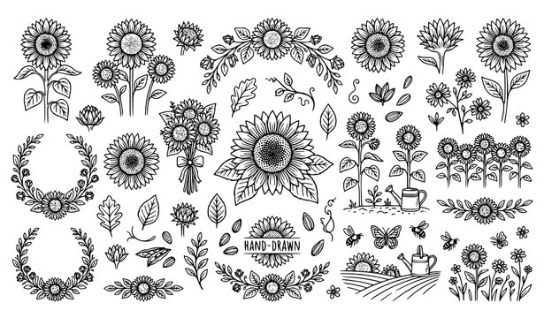 Hand Drawn Sunflower and Botanical Wreath Vector Icon Set with Bouquets Leaves Autumn Flowers and Butterflies for Summer and Coloring Page Designs