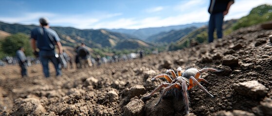 Fototapeta premium Close view of a brown spider on soil with a person watching in the distance under clear sky in a natural setting