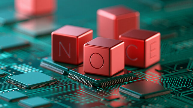 Red cubes spelling no code on green electronic circuit board with microchips, low code development platform concept, defocused background, with copy space