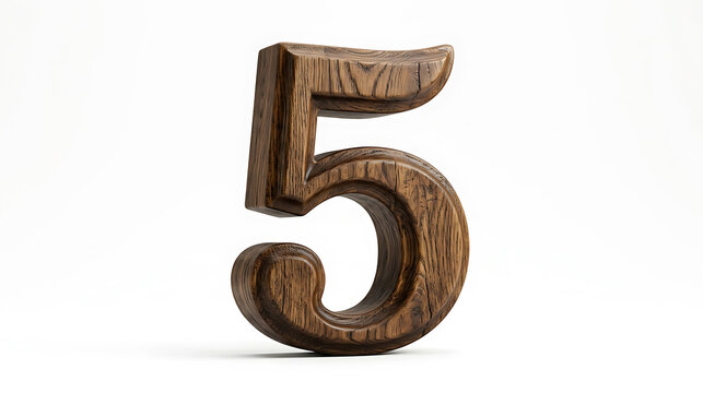 Three-Dimensional Wooden Number Five Isolated on White Background