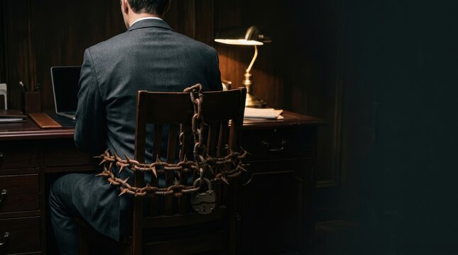 Businessman in a suit is chained to a chair with barbed wire and a padlock at a desk