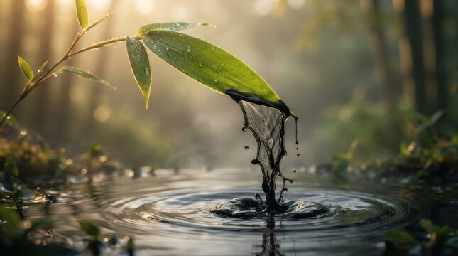 Black oil drop falling from bamboo leaf into water