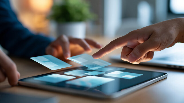 Low code no code app builder interface concept displayed on tablet screen, close-up of hand dragging modular components, defocused office background, with copy space