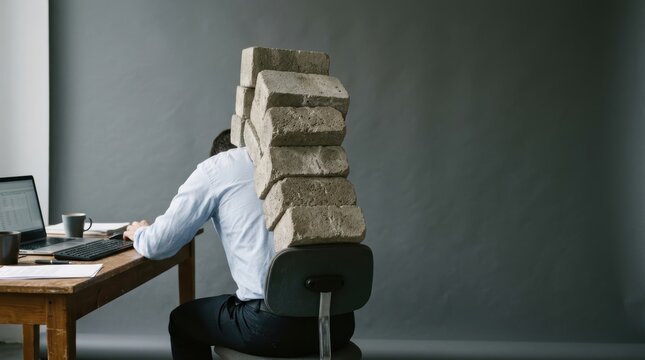 Man in light blue shirt working at desk with stack of bricks on his back office syndrome