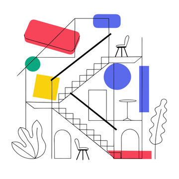 Abstract architectural line art, geometric house interior with stairs and furniture, modern minimalist home vector illustration