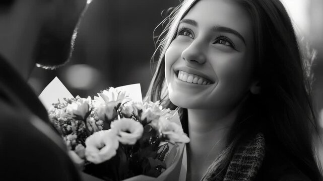 A woman holding flowers with happiness on her face as she looks at a man out of frame.