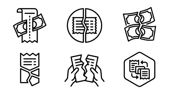 Financial loss and torn receipt transaction icons