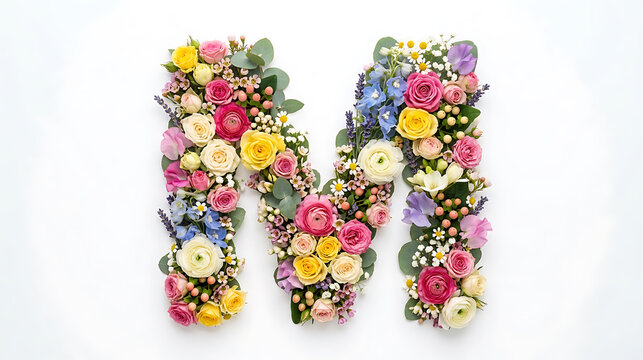 Letter M Made of Colorful Fresh Spring Flowers on White Background