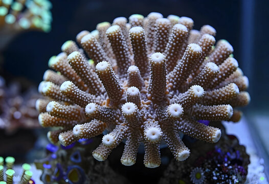 Acropora millepora coral colony with polyps extended, marine biology and ocean ecosystem, underwater reef environment