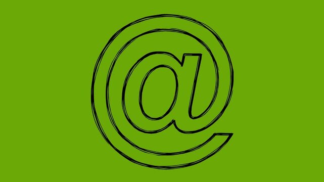 animated black symbol of an arroba featuring a hand drawn whiteboard style with a boiling line effect on a green screen chroma key background