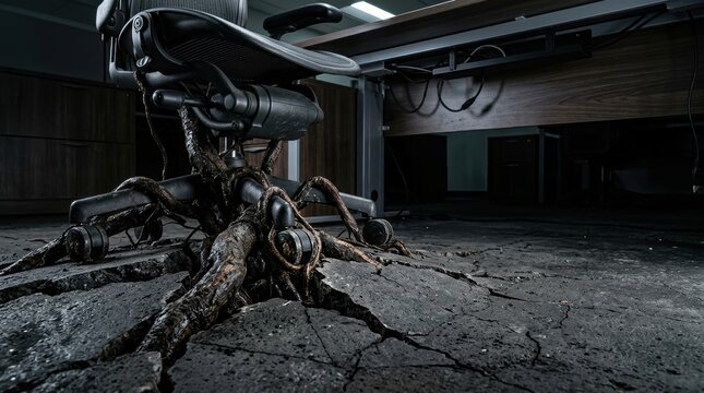 Office chair legs transformed into roots cracking the floor in a desolate room office syndrome