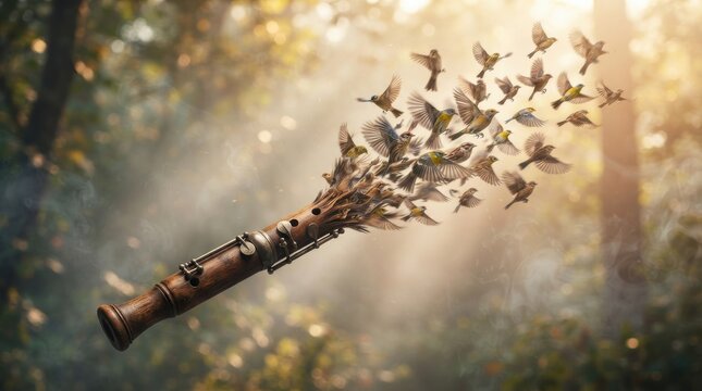 Wooden flute transforming into a flock of birds in a forest