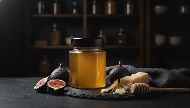 Gourmet honey jar with figs in moody lighting