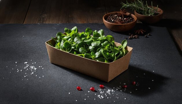 Gourmet m&acirc;che on dark slate with shadows