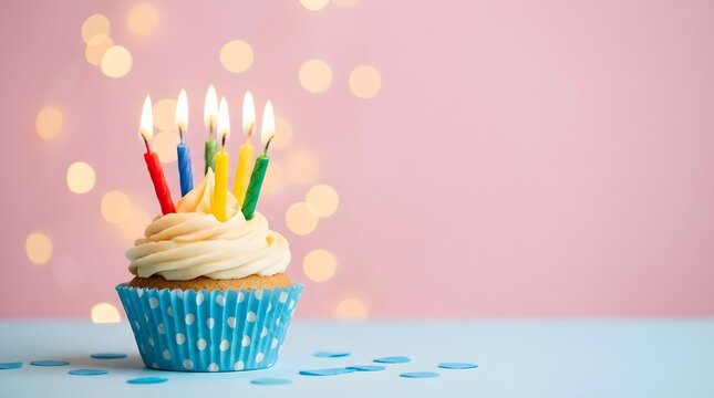 A single frosted cupcake with colorful lit birthday candles on a pink background
