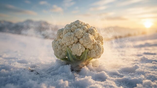 Fresh cauliflower head in snowy landscape at sunset