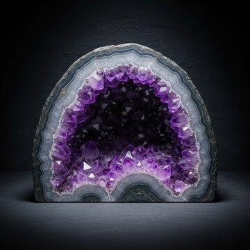 Stunning Sliced Amethyst Geode Half Showcasing a Deep Cavity of Sparkling Purple Crystals
