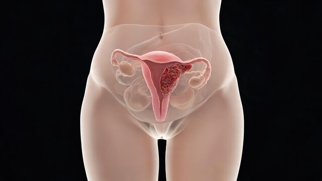 Cervical Cancer: transparent human cervix medical illustration showing tumor lesions and pathological tissue features