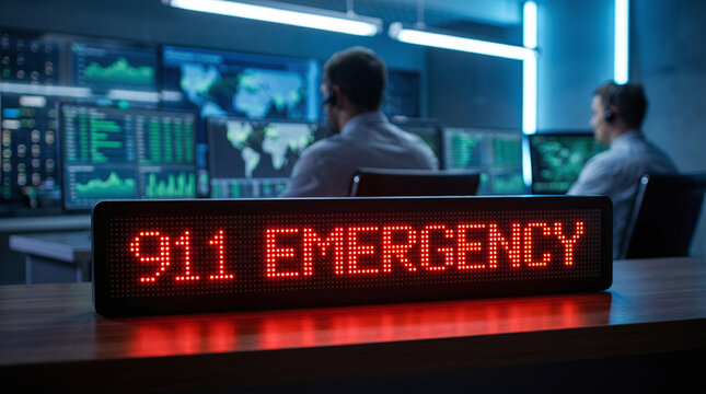 digital display showing 911 emergency sign in a high-tech dispatch control room with operators working in the background.