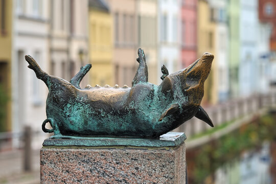 Wismar, Germany. Pig sculpture, one of the four sculptures of pigs on the four conrners of the Schweinsbrucke (Pigs' bridge). The sculptures by the German sculptor Christian Wetzel was created in 1989