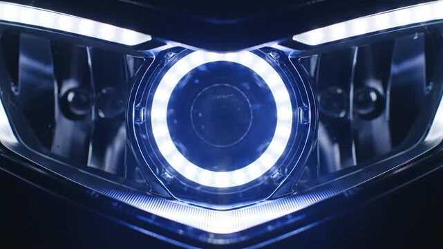 Futuristic motorcycle LED headlight glowing with blue light and smoke.