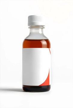 Small glass bottle with brown liquid and blank white label, pharmaceutical packaging mockup, isolated on a white background