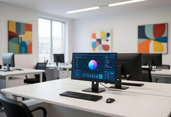 Naklejka premium Modern office interior with computer monitors displaying data analytics dashboards on white desks