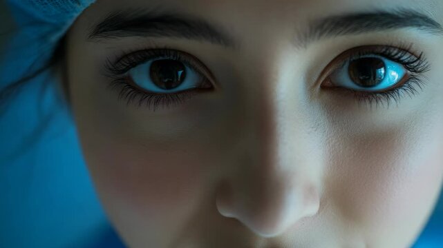 A young woman looking downwards with her eyes in focus. Blurry blue background suggests water or the sky.