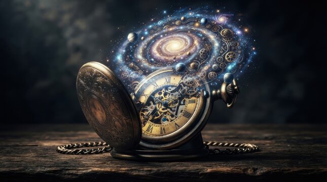 Antique pocket watch with a glowing spiral galaxy emerging from inside