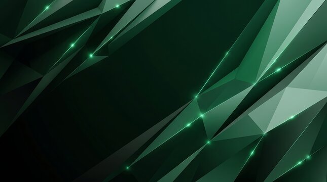 Premium abstract technology background featuring layered low-poly geometric shards, faceted surfaces, luminous emerald edges, and deep negative space, creating a sleek visual concept for digital innov