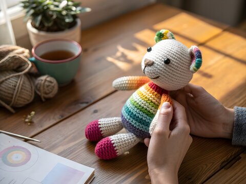 White rainbow crocheted teddy bear isolated on transparent background for design decor