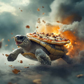 A turtle, running along a smoky road, with a pizza on its shell, surrounded by fire and falling leaves.