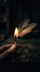 Obraz premium Burning matchstick with ethereal hummingbird wings