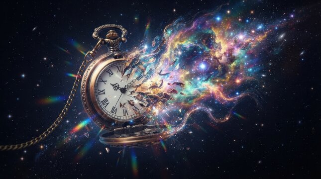Vintage pocket watch disintegrating into a cosmic nebula in deep space