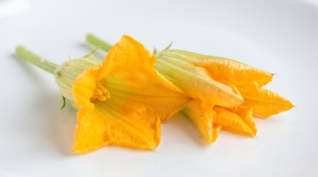 Two delicate zucchini flowers with stems captured on a plain white surface emphasizing organic harvest and fresh farm produce for healthy cooking and culinary art concepts in kitchens