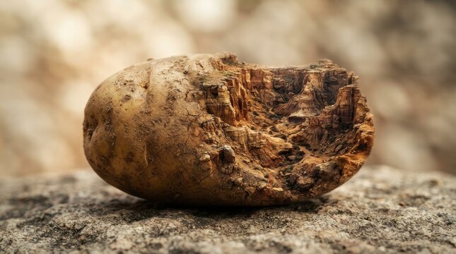 Raw potato with a bite mark on a stone surface