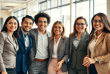 Obraz premium Diverse group of smiling business professionals standing together in a modern office environment, teamwork and collaboration