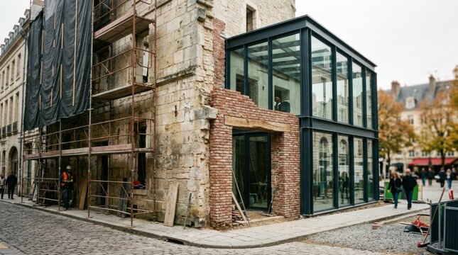 Historic stone facade under scaffold wraps with reclaimed brick, timber lintels, and modern glass-and-steel addition for adaptive reuse.