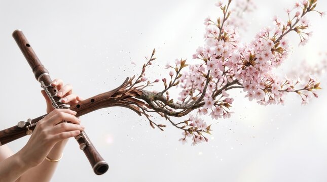 Person playing wooden flute morphing into cherry blossom branch
