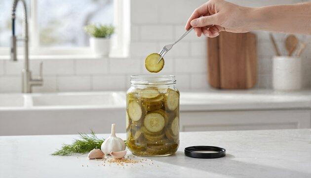 Hand lifting pickle slice from jar in bright kitchen