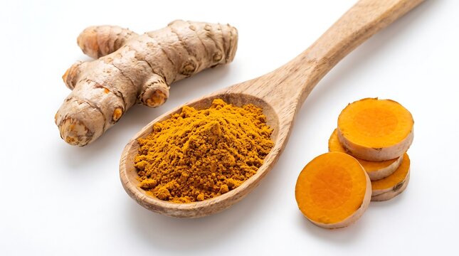 Raw turmeric root with slices and a wooden spoon containing vibrant yellow powder on a clean white background representing natural health supplements and anti-inflammatory spice ingredients