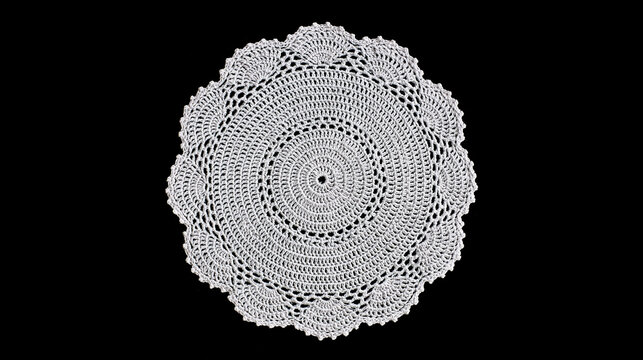 Round lace doily with intricate handcrafted crochet pattern on black background